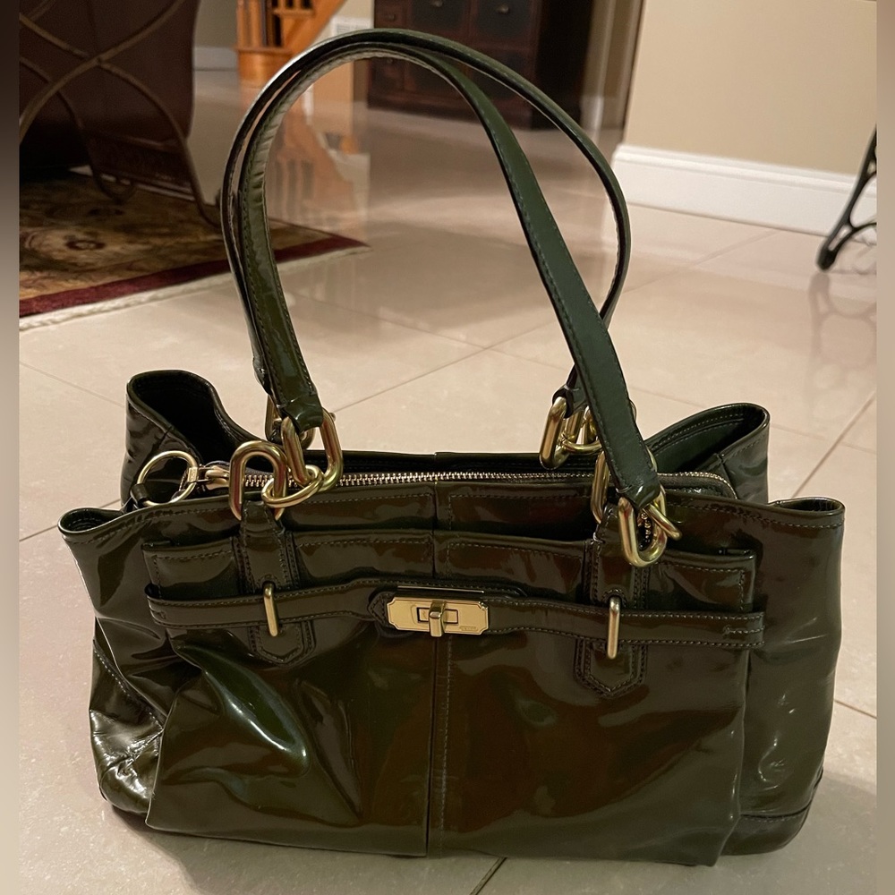 Coach green patent leather hand bag